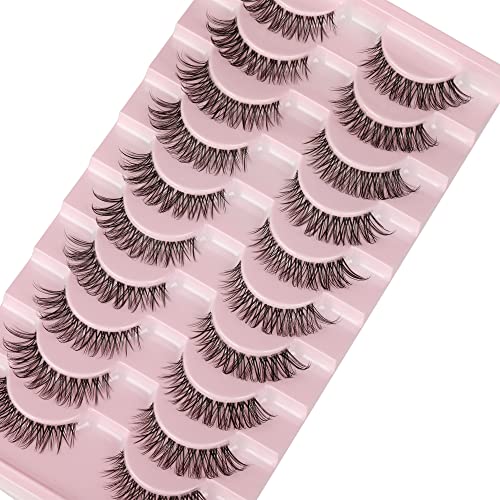 wiwoseo False Eyelashes Natural Volume Cat Eye Lahes Wispy Russian Strip Lashes 3D Effect Clear Band Eyelashes 14MM Short Lashes 10 Pairs Pack
