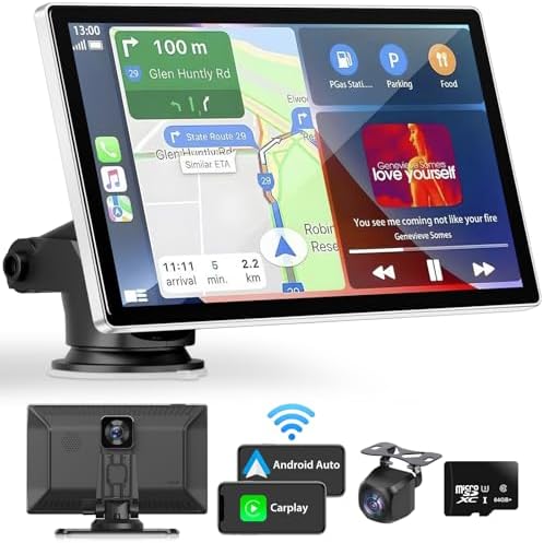 Portable Apple Carplay Screen for Car, 9" Wireless Apple Carplay & Android Auto,4K Dash Cam,1080p Backup Camera DVR,Car Audio Receivers GPS Navigation Mirror Link, Bluetooth,FM, Siri