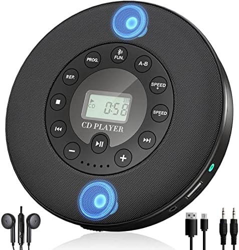 Lukasa Portable Bluetooth CD Player Built-in Speaker Stereo, Personal Walkman MP3 Players Rechargeable Compact Car Disc CD Music Player USB Play Anti-Shock Protection (Black)