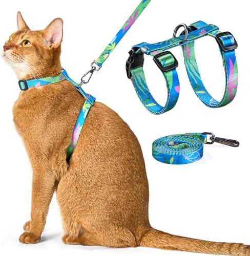 Cat Harness and Leash Set - Escape Proof Adjustable Cat Harness, Comfortable Soft Lightweight, Use Safe & Easy, Walking Travel Kitten Harness for Small Medium Large Cats (Hawaii Green)