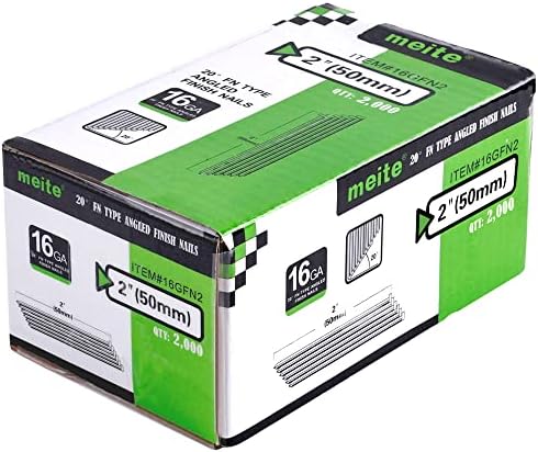 meite 16 Gauge Angled Finish Nails 2-Inch 20-Degree Galvanized Finishing Nails for Electric or Pneumatic Nailer Guns - Perfect for Window Trim, Cabinet Building and Other DIY Projects (12 Boxes)