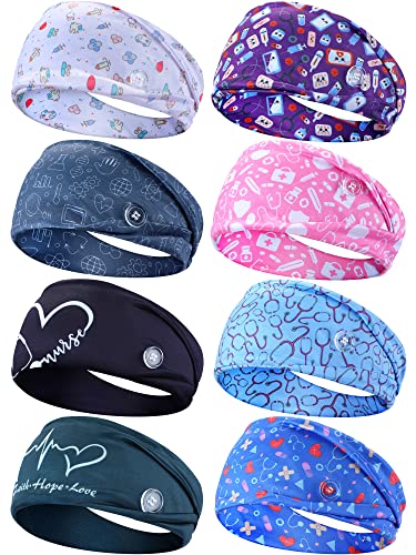 WILLBOND 8 Pieces Nursing Headbands with Buttons for Nurses Doctors Women Face Covering Ear Protection Holder Non Slip Elastic Hair Bands Wide Head Wraps for Spa Yoga Sports Workout (Cute Patterns)