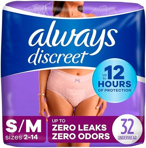 Always Discreet Incontinence & Postpartum Incontinence Underwear for Women, Small/Medium, Maximum Protection, 32 Count
