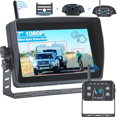 Wireless RV Backup Camera System with Blind Spot Detection, 7'' HD Touch Screen Monitor with 1080P Rear View Camera, Loop Recording IP69 Waterproof IR Night Vision for RV Truck Trailer Camper