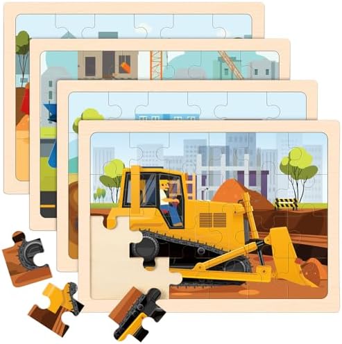 Wooden Puzzles for Kids Ages 4-6, 4 Packs 24 PCS Construction Vehicle Jigsaw Puzzles for Kids Ages 3-5, Preschool Educational Puzzles Boards Toys Gifts for Boys Girls