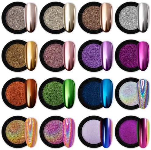 Artdone 16 Jars Chrome Nail Powder Art Glitter Decoration Metallic Mirror Effect Holographic Aurora Chameleon Pigment Powder 1g/Jar Pearl for Resin Craft Nail Art Fimo