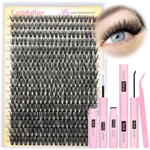 calphdiar Eyelash Extension Kit 50D Wispy Lash Clusters Kit D Curl Cluster Eyelash Extensions 10-18mm Lash Extension Kit 320PCS Individual Lashes Clusters Lash Kit with Lash Bond and Seal and Tweezers