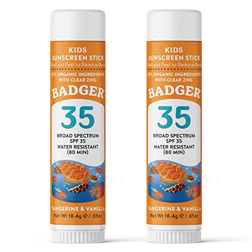 Badger Kids Sunscreen Stick SPF 35 with Mineral Zinc Oxide, Travel Size Sunscreen Stick for Kids, 97% Organic Ingredients, Reef Friendly, Broad Spectrum, Water Resistant, .65 oz (2 Pack)