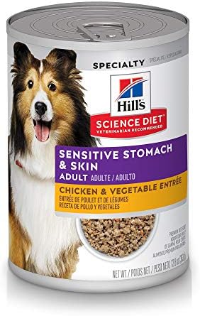 Hill's Science Diet Sensitive Stomach & Skin, Adult 1-6, Stomach & Skin Sensitivity Support, Wet Dog Food, Chicken & Vegetables Loaf, 12.8 oz Can, Case of 12