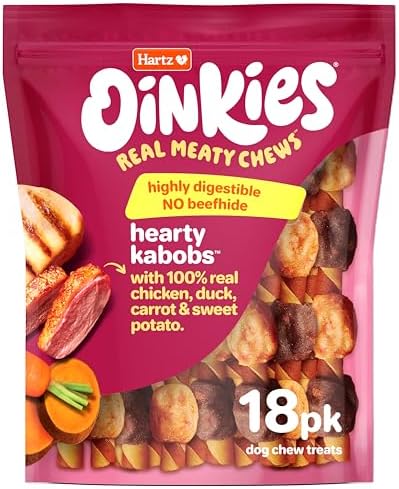 Hartz Oinkies Hearty Kabob with Real Chicken, Duck, Sweet Potato Rawhide-Free Dog Treats, Highly Digestible Long Lasting Dog Chews, 18 Count