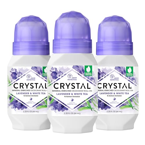 CRYSTAL Deodorant Aluminum Free Mineral Deodorant Roll-On for Women & Men, Lavender & White Tea - Paraben Free - Certified Cruelty Free & Vegan Deodorant - Prevents Odor Up to 24 Hours ,2.25 Fl Oz (Pack of 3),21661-3