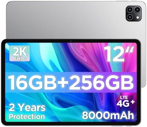 Android Tablet, 12 inch Large Screen Tablet, 2 Years Protection, 1200 x 2000 IPS 2K Resolution Display, Reinforced Type-C Port, 18W PD Charger, 8000mAh Battery, 8MP+13MP Camera, WiFi 6 & Bluetooth 5.4