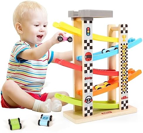 Montessori Toy for 1-3 Years Old Boys and Girls, Kid Wooden Race Track Car, Toddler Ramp Racer Set with 5 Mini Cars & 5 Ramps, Perfect for Babies' Birthday Gifts, Visit Gifts