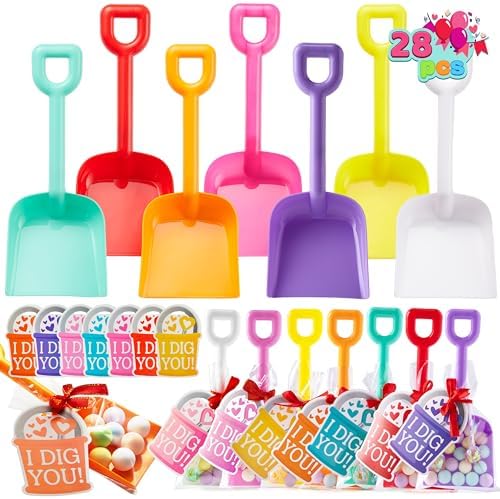 JOYIN 28 PCS Plastic Toy Shovels with I DIG YOU Cards, 28 Candy Bags with Ribbon for Valentine's Party Favors Supplies, Valentine's Toys, Classroom Exchange Prizes Valentine’s Gifts