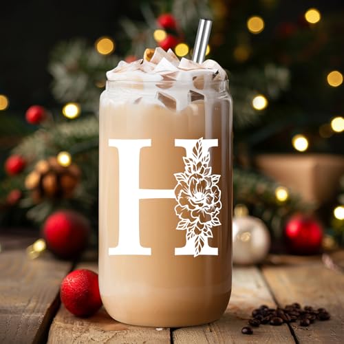 Coolife Initial Glass Cup, Monogrammed Gifts for Women, 16 oz Glass Cups w/Lids Straws, Iced Coffee, Smoothie, Beer Glass Tumbler w/Straw Lid - Personalized Christmas, Birthday Gifts for Her Mom