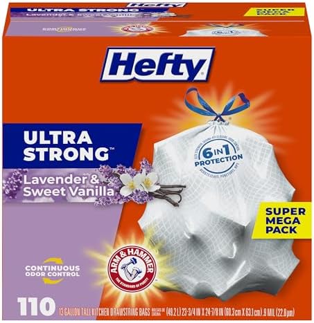 Hefty Ultra Strong 13 Gallon Trash Bags, Tall Kitchen Trash Bags, Break Resistant Drawstring Enclosure, Resists Leaks and Punctures, Odor Neutralizer, White, Lavender and Sweet Vanilla, 110 Bags