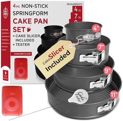 Spring Form Pan for Cheesecake, 4/7/9/11 Inch NONSTICK Cheesecake PanSet with CAKE SLICER and TESTER, Leakproof Springform Pan Set, 4 Spring Form Pans for Baking Compatible with INSTANT POT