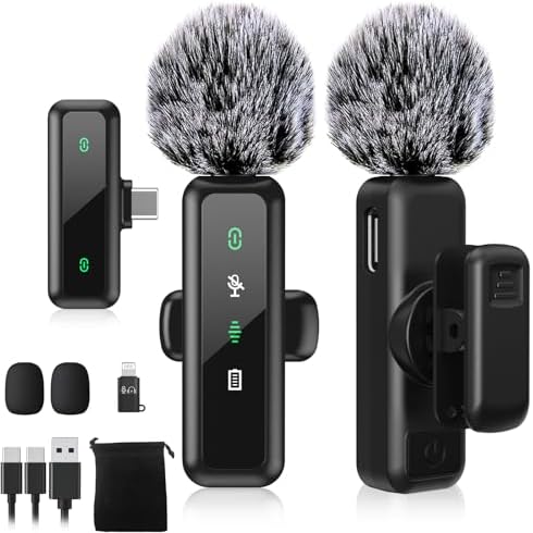USB C Wireless Lavalier Microphone for iPhone 15/16, Mini Lav LED Mic for Android Phone with Noise Cancelling, Lapel Podcast Microphone for Tiktok Content Creator Video Recording, Streaming, Vlogging