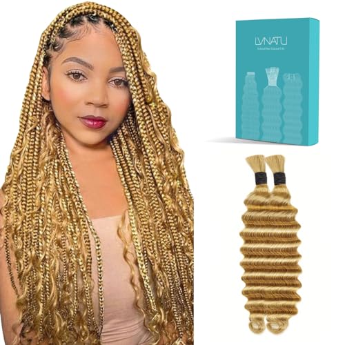 Honey Blonde Human Braiding Hair Color 27 for Boho Braids Bohemian Knotless Deep Wave Bulk No Weft 2 Bundles 100g 20 Inch