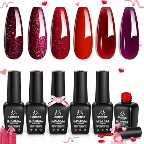 Beetles Red Gel Nail Polish Set Burgundy Collection Glitter Poinsettia Purple Gel Polish, Soak Off UV LED Gel Nail Polish Art Design Decoration DIY Gel Nail Valentine's Day Gifts for Women