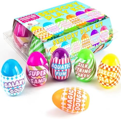 Easter Basket Stuffers - Easter Basket Essentials - 6 Pack Prefilled Eggs with Slime Play Sand Air Dry Clay Dough - Sensory Toys Gifts for Classroom Rewards Teens Kids Girls Boys