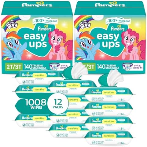 Pampers Easy Ups Pull On Training Underwear Girls, 2T-3T, 2 Month Supply (2 x 140 Count) with Sensitive Water Based Baby Wipes 12X Multi Pack Pop-Top and Refill (1008 Count)