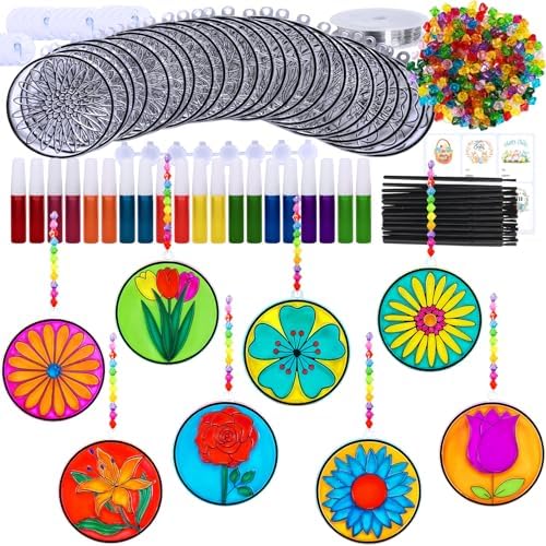 Winlyn 24 Sets Spring Flower Suncatchers Ornaments Decorations DIY Window Paint Art Suncatchers Spring Craft Kit Suncatchers Painting Kits for Kids Classroom Spring Activities Art project Party Favors