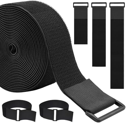 2In x 16Ft Cable Straps Heavy Duty With 15 Buckles, Black Hook and Loop Straps, Reusable Cable Ties for Organizer or Storage
