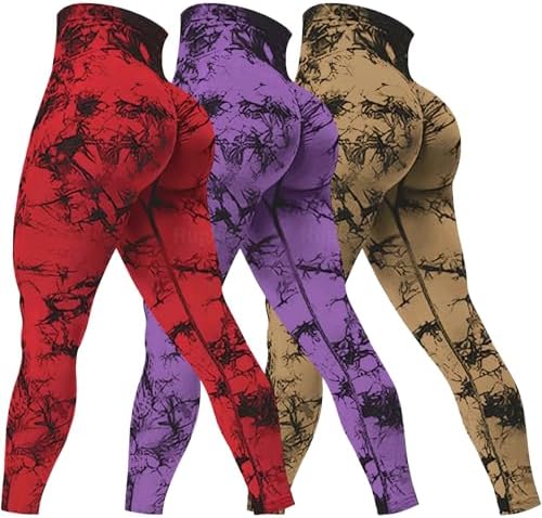 Rugkey Women's 3 Piece Yoga Leggings High Waist Tie Dye Seamless Scrunch Butt Lifting Athletic Booty Pants