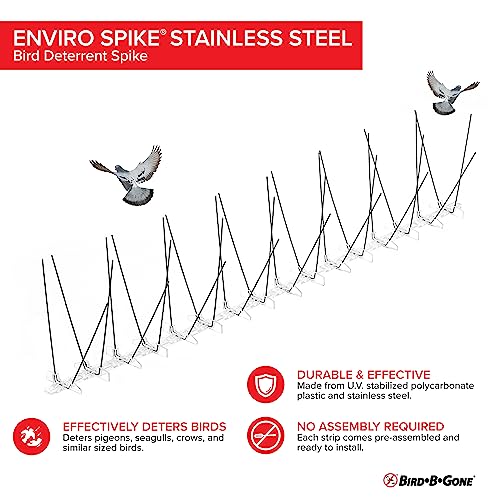 Bird B Gone - Pre-Assembled EnviroSpike Stainless Steel Anti Bird Spikes (24') - UV-Stabilized Polycarbonate Base - Humane Deterrent - Stops Pigeons & Birds from Roosting On Rooftops, Ledges, Fences