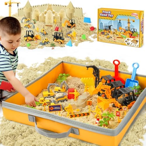 Sand Construction Kit with A Big Foldable Sandbox and 2.2lbs Magic Sand, Truck Sand Construction Toys Including Castle Molds and Other Accessories 36Pcs Total, Play Sand Art Set for Kids 3+