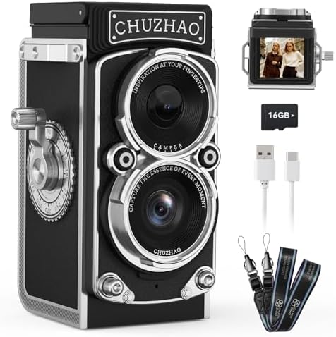 Mini Vintage Camera, Portable Retro Twin-Lens Reflex Style Digital Camera with 16GB Card, 12MP Photos, Autofocus, 1080P FHD Video, 1000mAh Battery and Dual Filters, Perfect for Kids, Teens and Adults