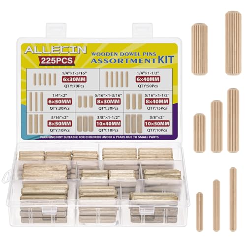 8 Values Wood Dowels Kit 1/4 3/8 5/16 Inch Fluted Wooden Dowel Pins Pegs Assortment for Furniture Woodworking DIY Crafts (Pack of 225Pcs)