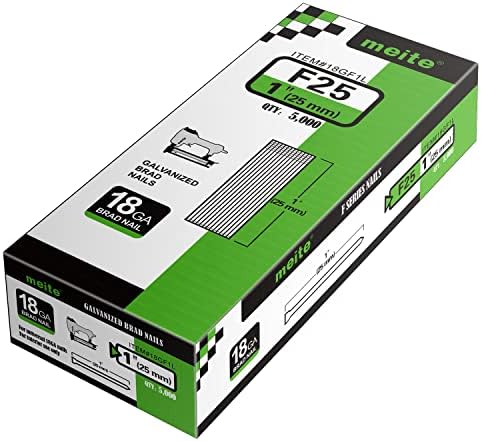 meite F25 18 Gauge 1-Inch Galvanized Brad Nail Ideal for Upholstery, Trims, Molding, Woodworking 5,000 PCS/Box (1 Case - 20 Boxes)