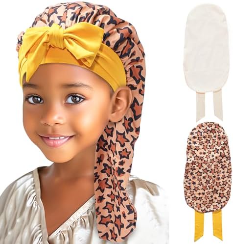 Lolalet Kids Bonnets for Girls, Long Silk Bonnet for Sleeping Kids Satin Bonnet Cap with Tie Band for Dreadlocks Braid Afro Curly Hair -2 PCS, Star & Gold