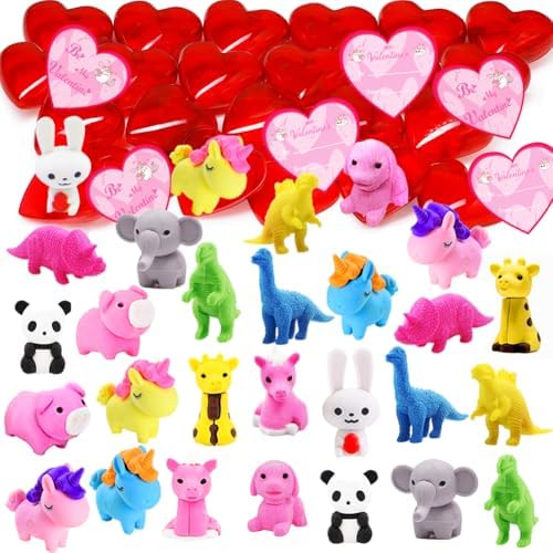 UMEELR 28 Packs Kids Valentines Party Favors Set with Animals Puzzle Erasers Filled Hearts and Valentine Cards for Kids Valentine Day School Classroom Game Prizes, Valentines Gift Exchange Supplies