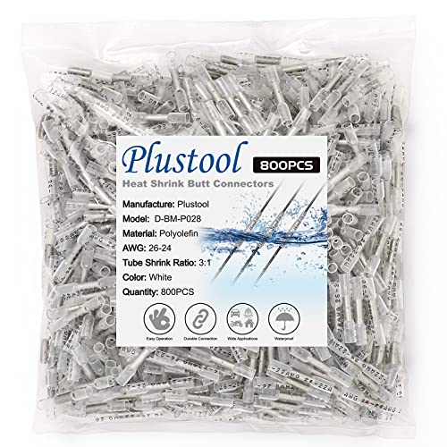 800PCS White Heat Shrink Butt Connectors AWG26-22, Plustool Marine Grade Electrical Wire Connectors, Tinned Red Copper 0.4mm, Insulated Waterproof Crimp Terminals Butt Splice for Cable,Boat,Wiring