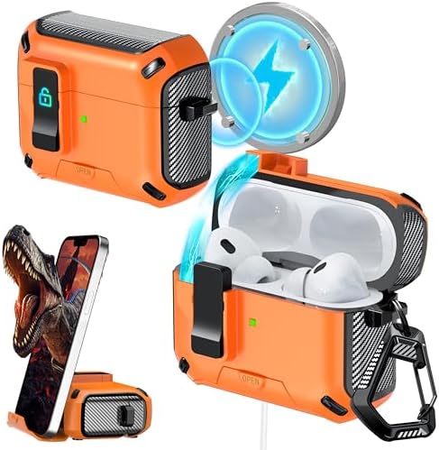 RFUNGUANGO for AirPods Pro1/2 Case 2024 Latest Multi Functional Earphone Case Bracket Function MagSafe Function Anti Fall Lock Automatic Open Cover 2024 A+Series-Orange