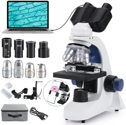 Compound Binocular Microscope for Adults Students, 40X-2500X Lab Binocular Microscopes with 1.3 MP USB Eyepiece Camera, 100X Oil Immersion Objectives and Microscope Slide Set