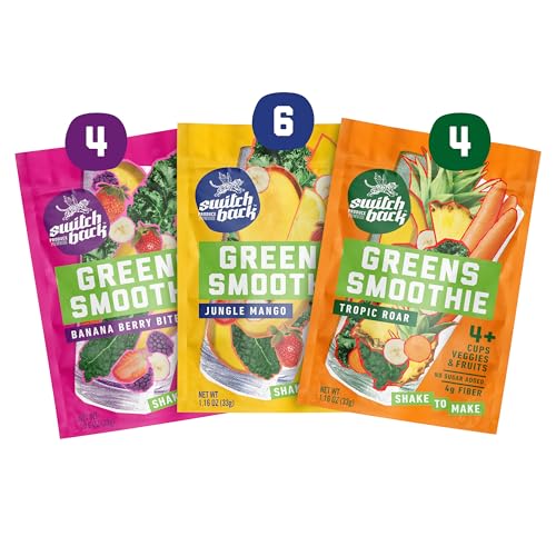 Switchback Greens Smoothie Powder, Gluten Free Mix for Water, Juice or Milk, Made with Real Fruit and Veggies, Green Drink for Energy Boost, Vegan, Plant Based, 4.5g Fiber, 14 Packets - Variety Pack