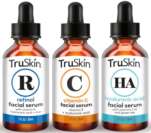 TruSkin Face Serum Trio – Hyaluronic Acid, Vitamin C & Retinol Serum for Face – Anti Aging Skin Care Set for Women – Skincare for Bright, Smooth, Firm & Hydrated Skin, 1 fl oz, 3 Bottles