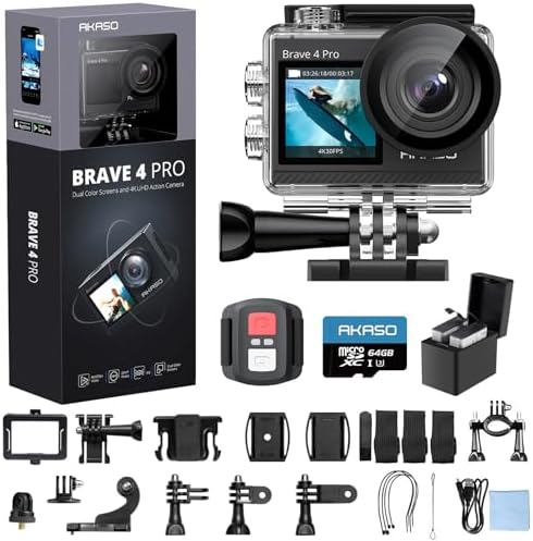 AKASO Brave 4 Pro 4K30 Action Camera with 64GB MicroSD U3 Card, 131FT Underwater Waterproof Camera EIS Touch Screen Remote Control with 2x1350mAh Batteries and Helmet Accessories Kit Bundle