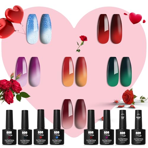 YTD Likomey Color Changing Gel Nail Polish Set,6 Colors with Base and Top Coat Kit,Mood Temperature Change Colors,Valentine's Day Gift Red Green Blue Ombre Thermal Manicure UV Gel,8 Pcs 7.5 ml