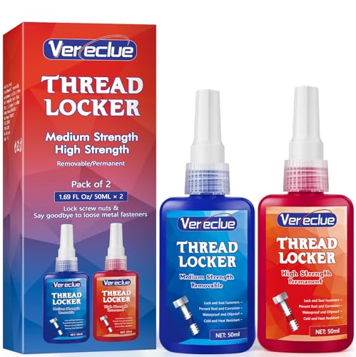 Thread Lock 50ml Blue and 50ml Red, Medium and Strong Strength Threadlocker, Thread Locker for Nuts, Bolts, Metal Fasteners to Against Losening and Seal, Blue and Red