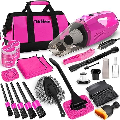 Car Vacuum Detailing Kit, Interior Car Cleaning Kit with High Power Handheld Vacuum and 7Pcs Detailing Brush Set, Well-Designed Women's Pink Car Accessories Bag