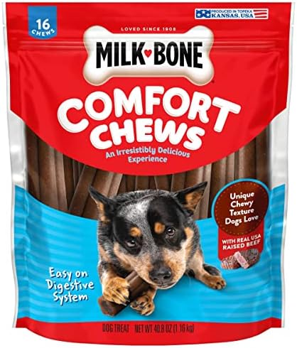 Milk-Bone Comfort Chews, Rawhide Free Dog Treats with Unique Chewy Texture and Real Beef, 16 Chews, Easy on Digestive System
