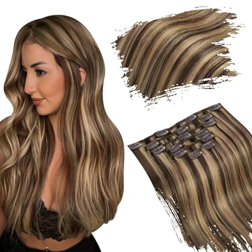Ugeat Real Human Hair Clip in Extensions Brown Highlighted Caramel Brown Hair Extensions 18 inch Remy Double Weft Clip in Human Hair Extensions Full Head For Thin Hair 7pcs 120g(105g Hair+15g Clips)