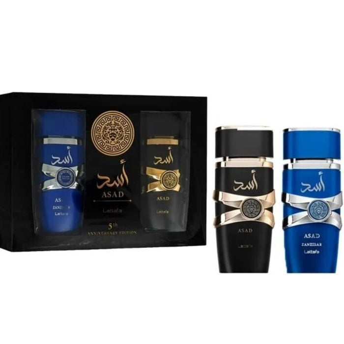 Lattafa Asad 5th Anniversary Edition – Spicy, Woody, Amber, Sweet – 2 Piece Eau de Parfum Gift Set for Men (Asad + Asad Zanzibar, 2 × 3.4 Ounce / 100 ml Sprays)