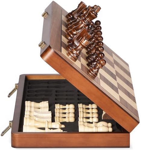 15" Wooden Chess Set with Magnetic Pieces - Extra Queens - Folding Chessboard Portable Travel Tournament Chess Board Games for Adults Kids