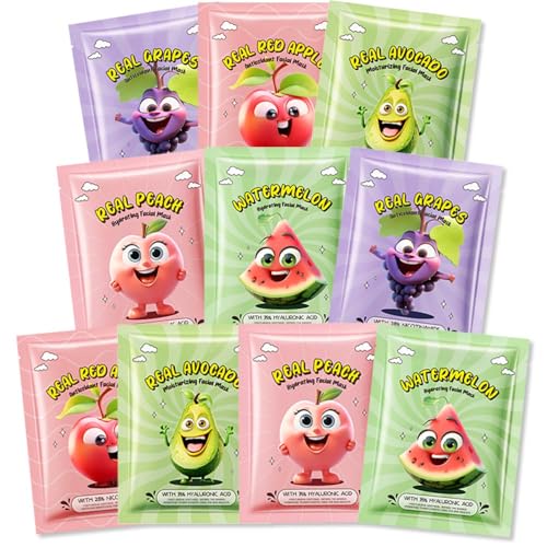 Kaely 10 Pack Fruit Face Masks for Kids, Spa Party Facial Mask Skincare Set, Sheet Masks Skin Care, Moisturize Brighten Soothe for All Skin Types, Christmas Birthday Gifts for Women Men Girls, 04